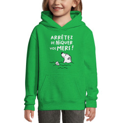 Sweat enfant à capuche vert prairie Arrêtez de niquer vos mers (Gondrax,Slogans engagés,Animaux,Ecologie)