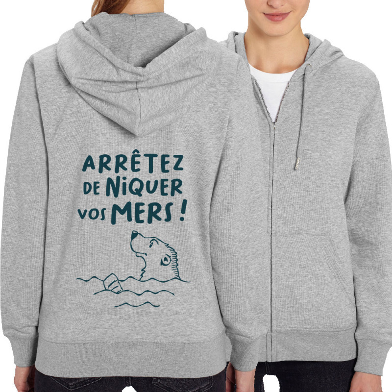 Sweat femme zippé à capuche coton bio gris chiné Arrêtez de niquer vos mers (Gondrax,Slogans engagés,Animaux,Ecologie)