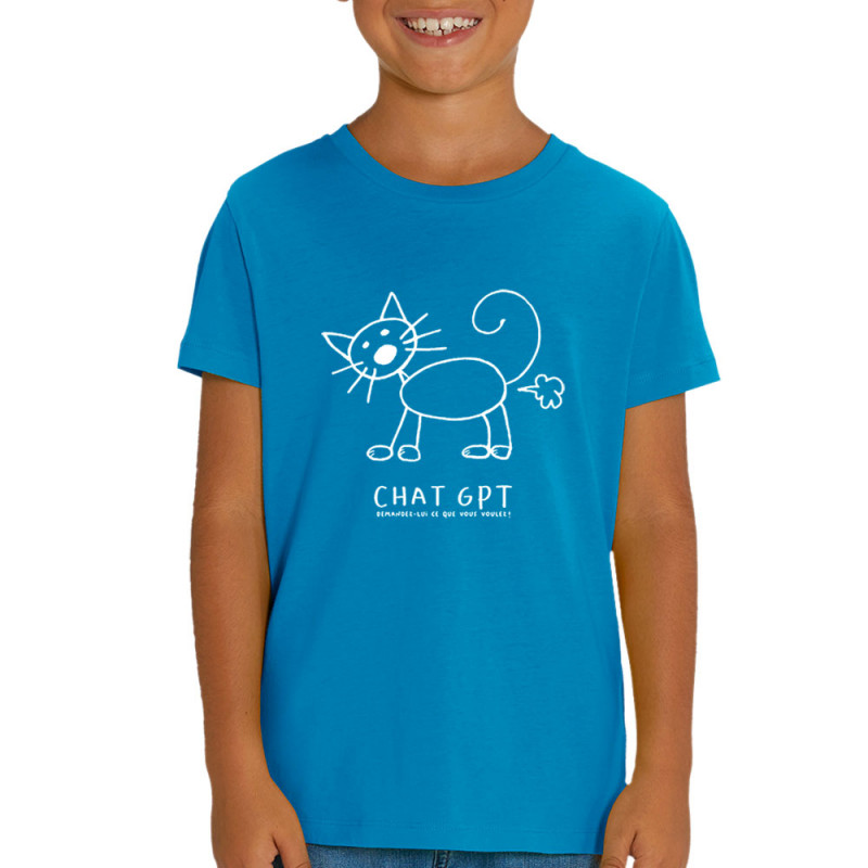 T-shirt enfant coton bio bleu azur Chat GPT (Gondrax,Animaux,Humour,Jeux Vidéo / Geek,Chats)