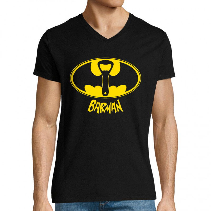 T-shirt homme col V noir Barman (Gondrax,Alcool,Détournements)