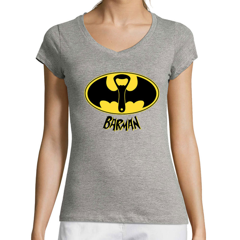 T-shirt femme col V gris chiné Barman (Gondrax,Alcool,Détournements)