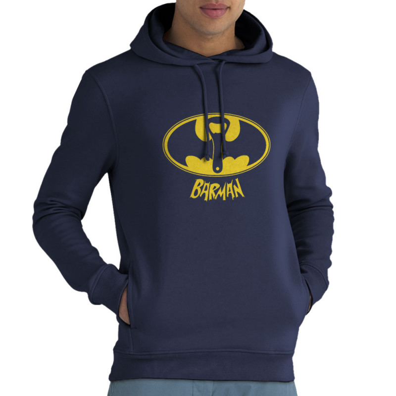 Sweat homme à capuche coton bio bleu marine Barman (Gondrax,Alcool,Détournements)