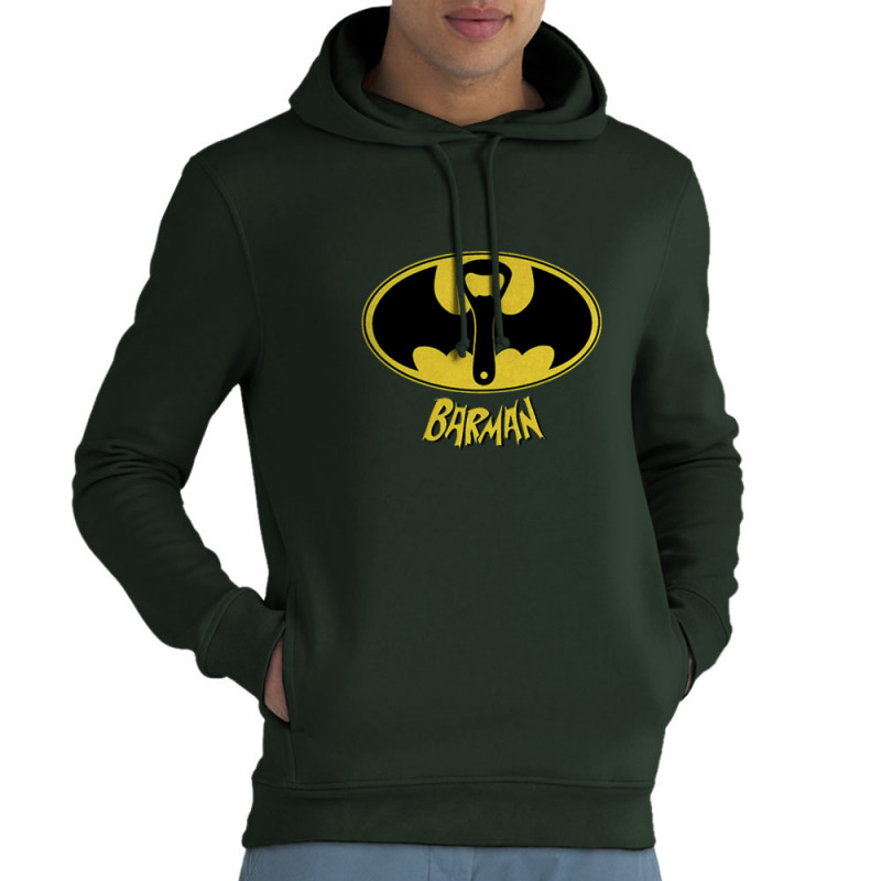 Sweat homme à capuche coton bio vert foncé Barman (Gondrax,Alcool,Détournements)