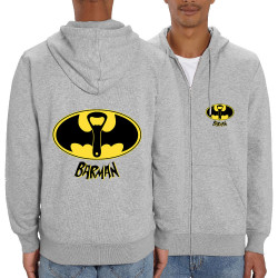 Sweat homme zippé à capuche coton bio gris chiné Barman (Gondrax,Alcool,Détournements)