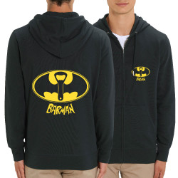 Sweat homme zippé à capuche coton bio noir Barman (Gondrax,Alcool,Détournements)