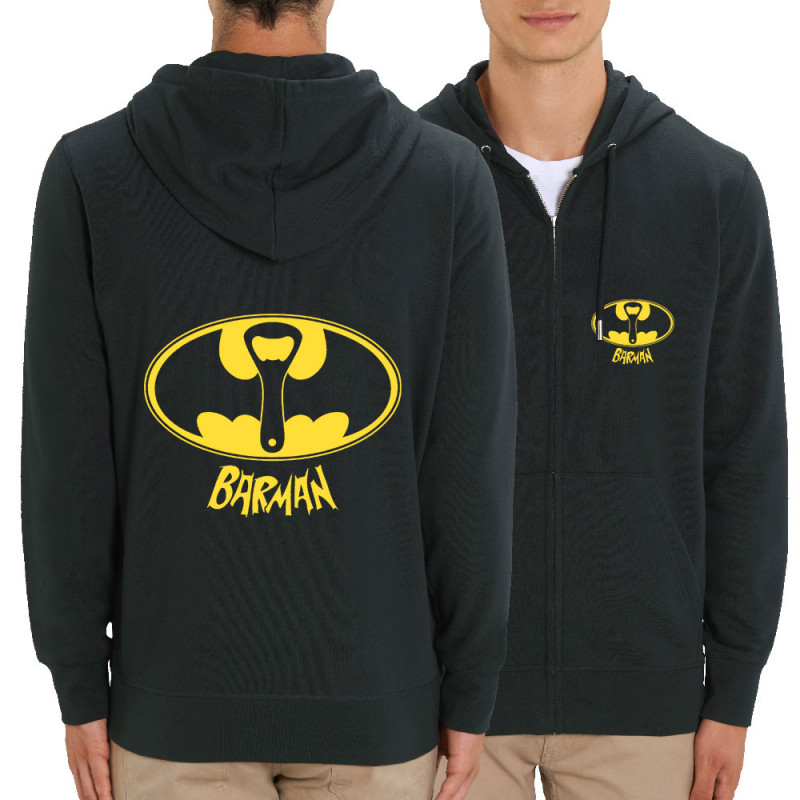 Sweat homme zippé à capuche coton bio noir Barman (Gondrax,Alcool,Détournements)