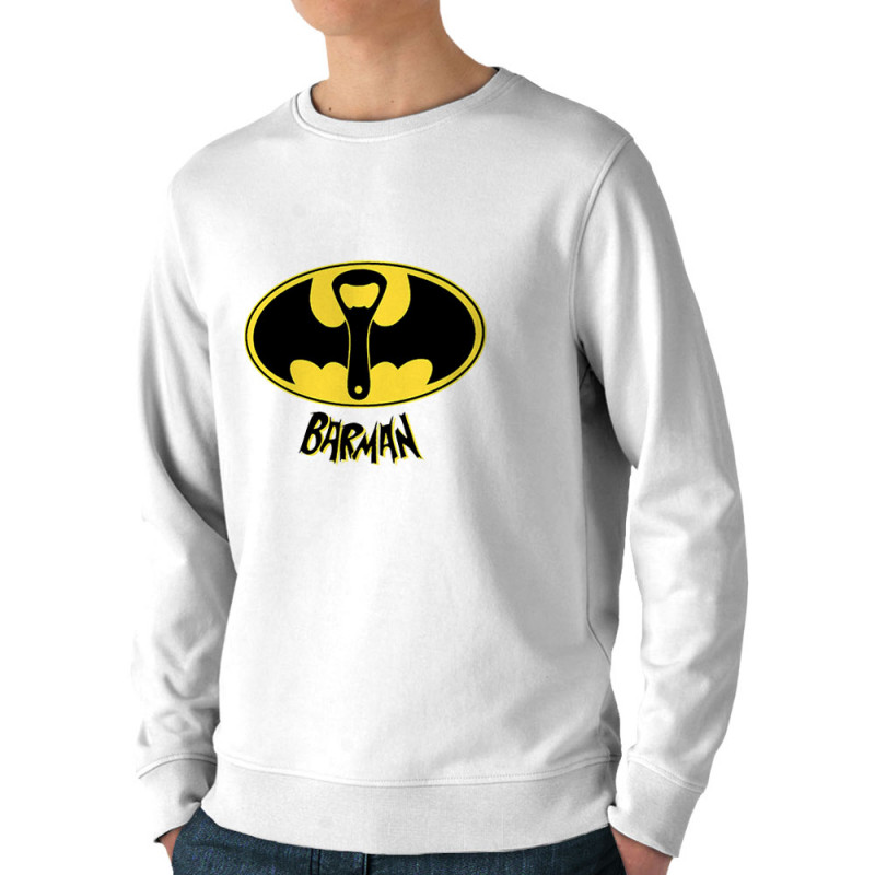 Sweat homme bio col rond blanc Barman (Gondrax,Alcool,Détournements)