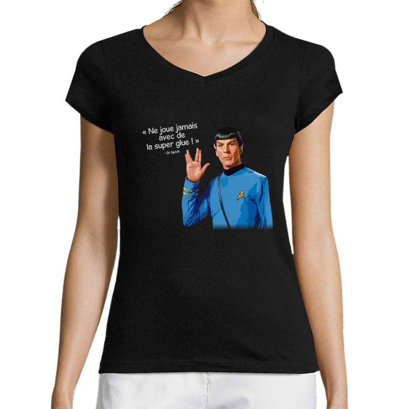 T-shirt femme col V noir Spock super glue (Humour,Films/Séries,Gondrax)