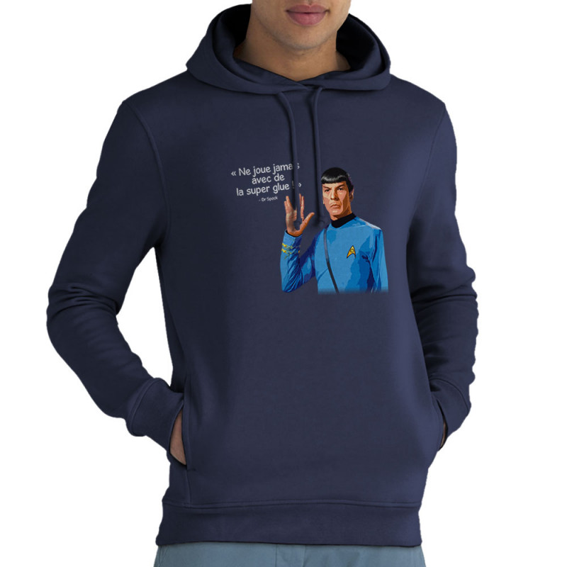 Sweat homme à capuche coton bio bleu marine Spock super glue (Humour,Films/Séries,Gondrax)