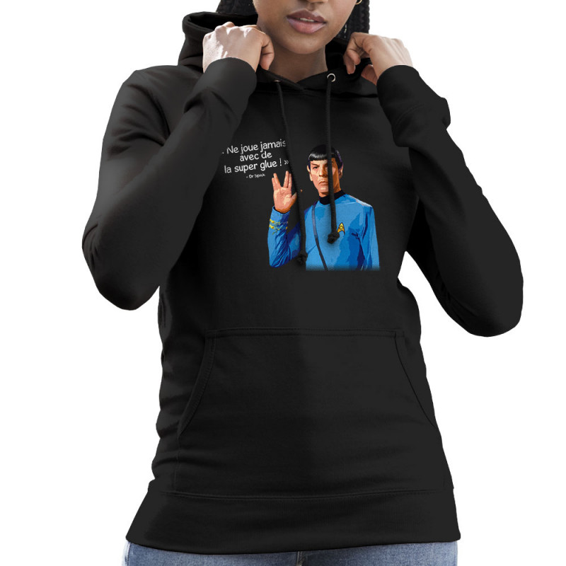 Sweat femme à capuche noir Spock super glue (Humour,Films/Séries,Gondrax)
