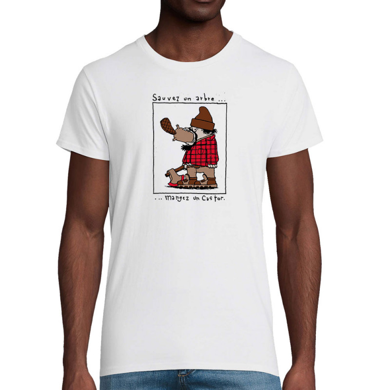 T-shirt homme coton bio blanc Sauvez un arbre Mangez un castor (Humour,Animaux)