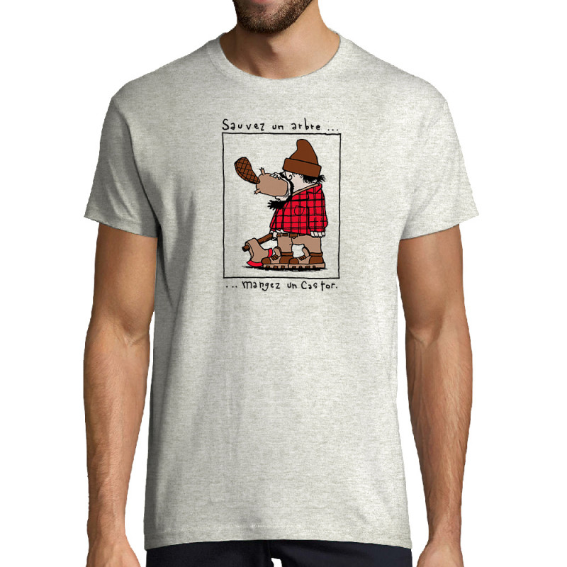 Tee-shirt homme blanc chiné Sauvez un arbre Mangez un castor (Humour,Animaux)
