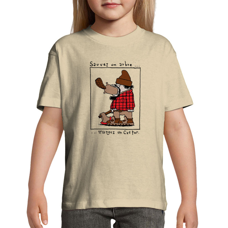 T-shirt enfant sable Sauvez un arbre Mangez un castor (Humour,Animaux)
