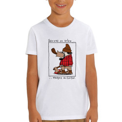 T-shirt enfant coton bio blanc Sauvez un arbre Mangez un castor (Humour,Animaux)