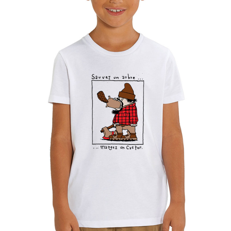 T-shirt enfant coton bio blanc Sauvez un arbre Mangez un castor (Humour,Animaux)