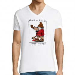 T-shirt homme col V blanc Sauvez un arbre Mangez un castor (Humour,Animaux)