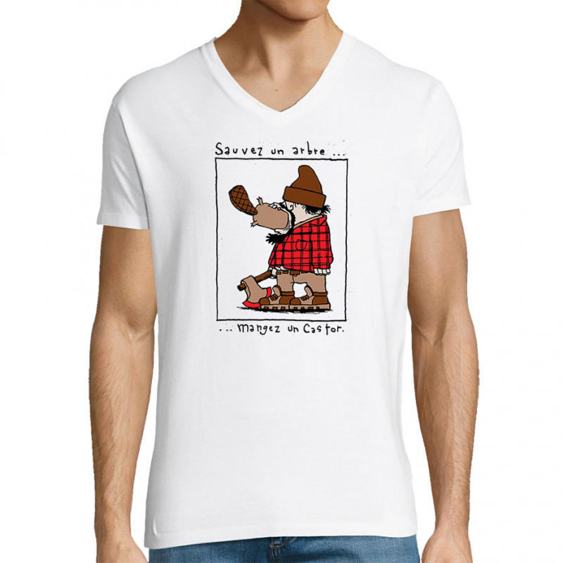 T-shirt homme col V blanc Sauvez un arbre Mangez un castor (Humour,Animaux)