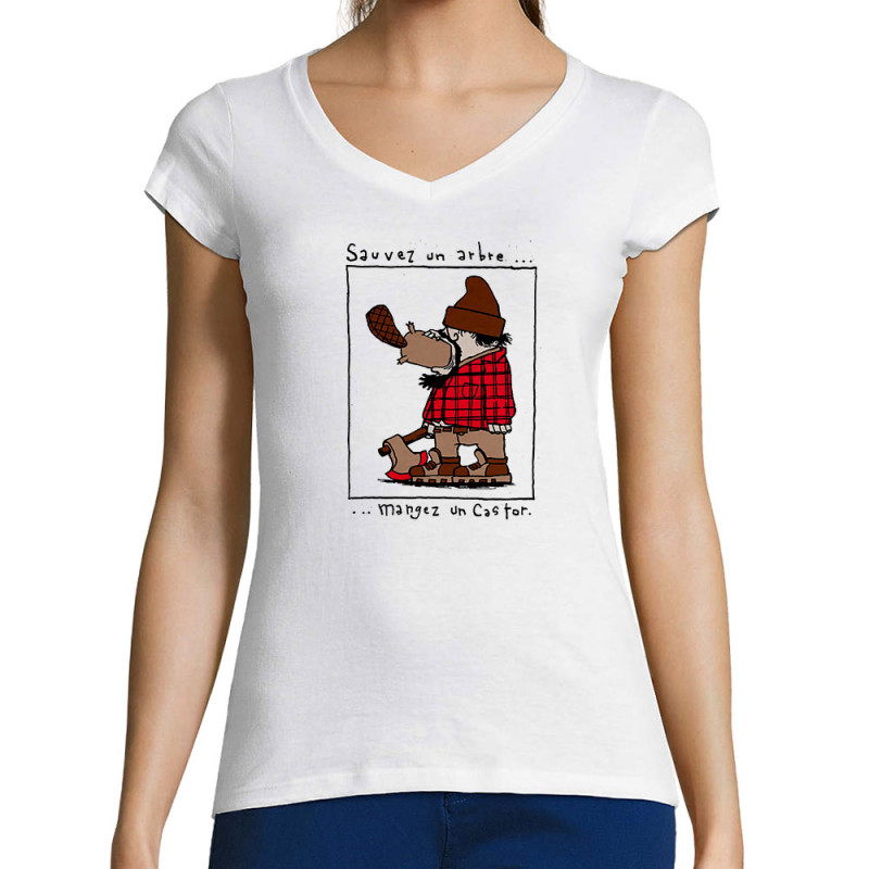 T-shirt femme col V blanc Sauvez un arbre Mangez un castor (Humour,Animaux)