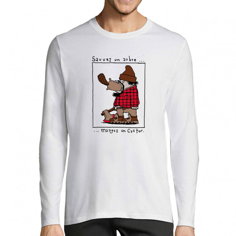 T-shirt homme manches longues blanc Sauvez un arbre Mangez un castor (Humour,Animaux)