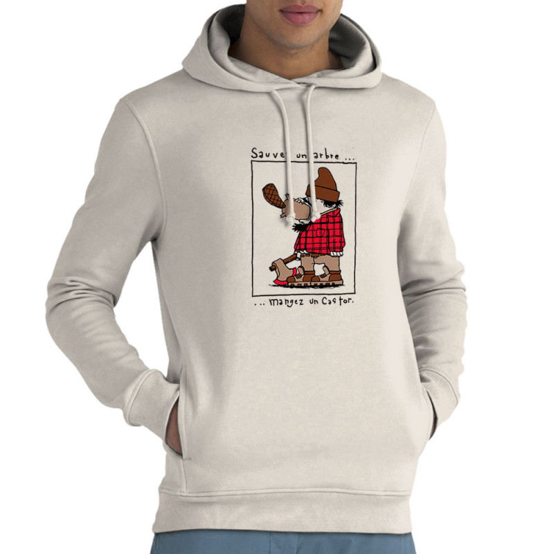 Sweat homme à capuche coton bio naturel Sauvez un arbre Mangez un castor (Humour,Animaux)