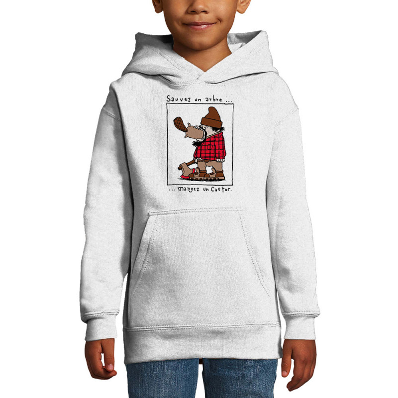 Sweat enfant à capuche blanc Sauvez un arbre Mangez un castor (Humour,Animaux)