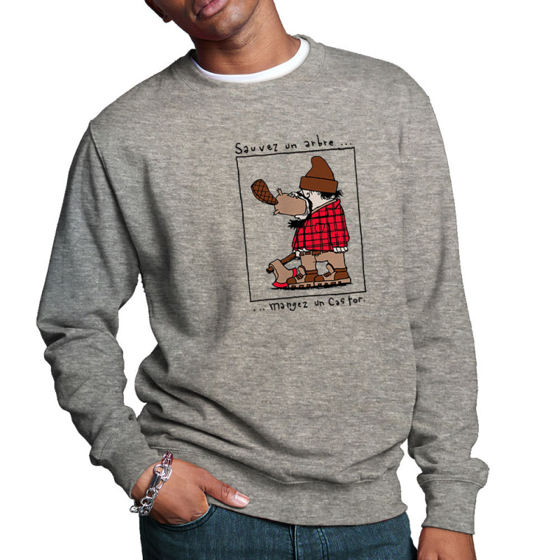 Sweat homme col rond gris chiné Sauvez un arbre Mangez un castor (Humour,Animaux)
