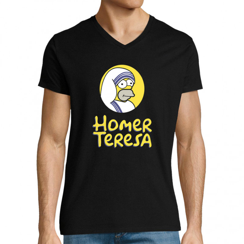 T-shirt homme col V noir Homer Teresa (Andy,Humour,Films/Séries)