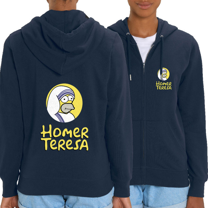Sweat femme zippé à capuche coton bio bleu marine Homer Teresa (Andy,Humour,Films/Séries)