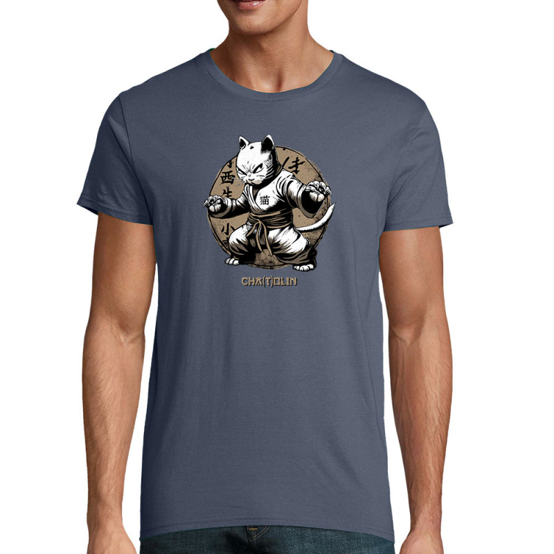 T-shirt homme coton bio bleu denim Cha(t)olin (Gondrax,Animaux,Humour,Chats)