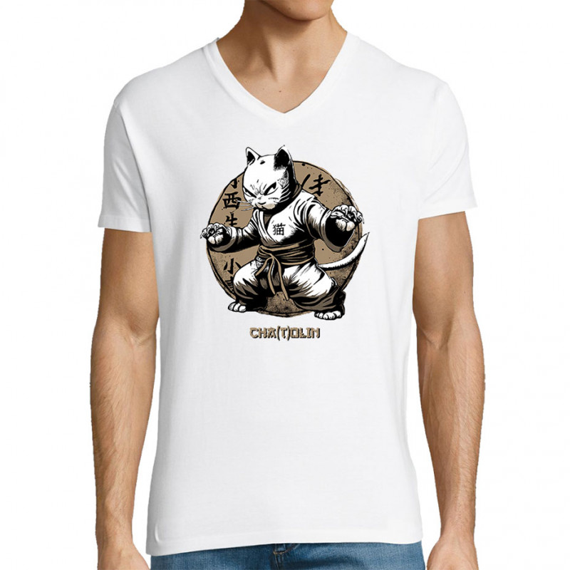 T-shirt homme col V blanc Cha(t)olin (Gondrax,Animaux,Humour,Chats)