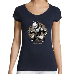 T-shirt femme col V bleu marine Cha(t)olin (Gondrax,Animaux,Humour,Chats)