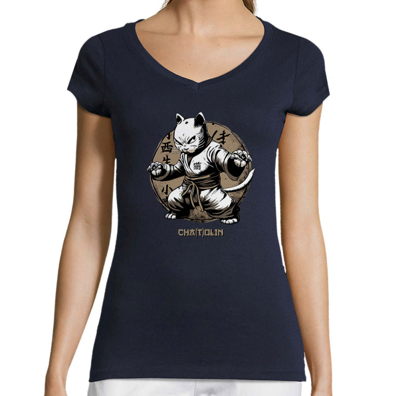 T-shirt femme col V bleu marine Cha(t)olin (Gondrax,Animaux,Humour,Chats)