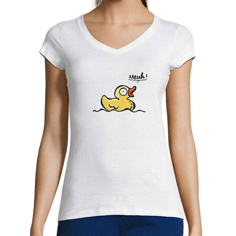 T-shirt femme col V blanc Canard meuh (Gondrax,Animaux,Humour)