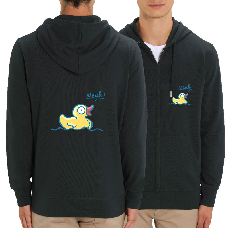 Sweat homme zippé à capuche coton bio noir Canard meuh (Gondrax,Animaux,Humour)