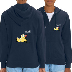 Sweat femme zippé à capuche coton bio bleu marine Canard meuh (Gondrax,Animaux,Humour)