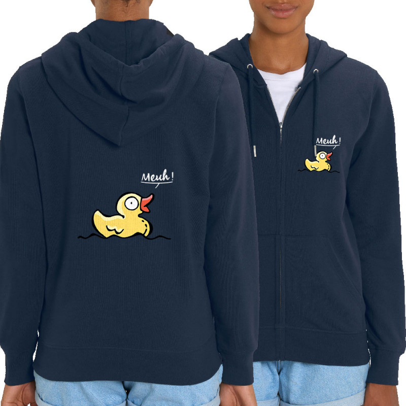 Sweat femme zippé à capuche coton bio bleu marine Canard meuh (Gondrax,Animaux,Humour)