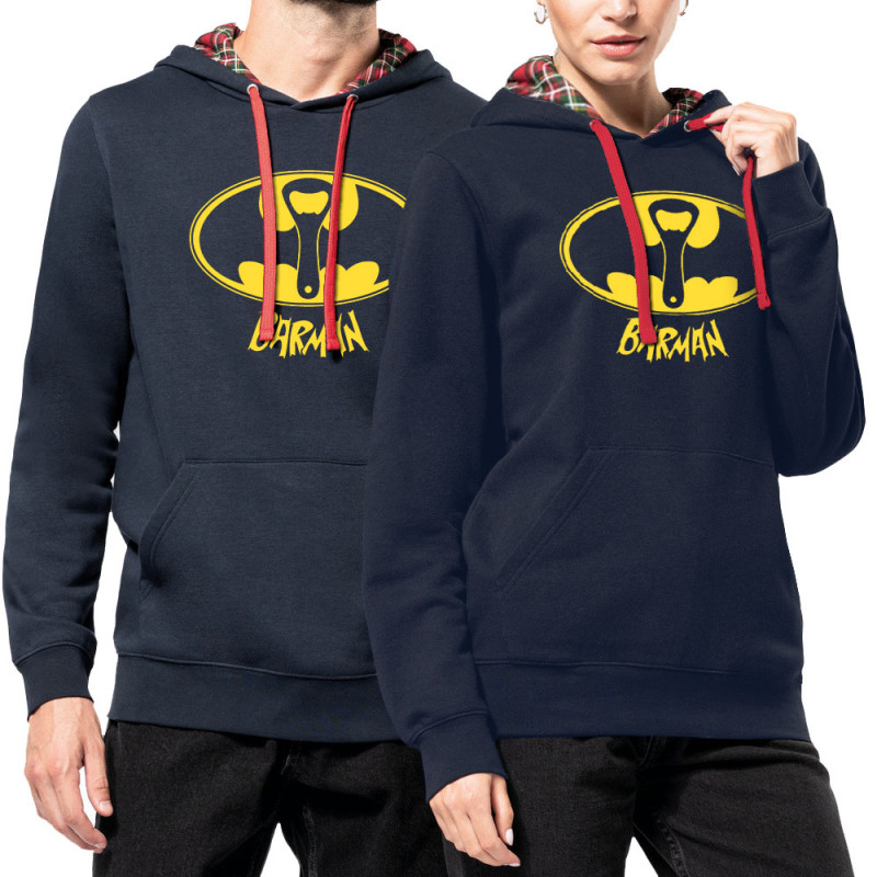 Sweat capuche à motifs unisexe bleu marine et rouge tartan Barman (Gondrax,Alcool,Détournements)