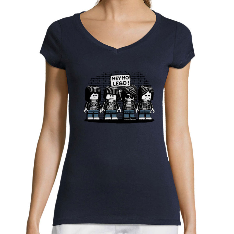 T-shirt femme col V bleu marine Hey Ho Lego Ramones (Gondrax,Humour,Détournements,Rock & Punk)