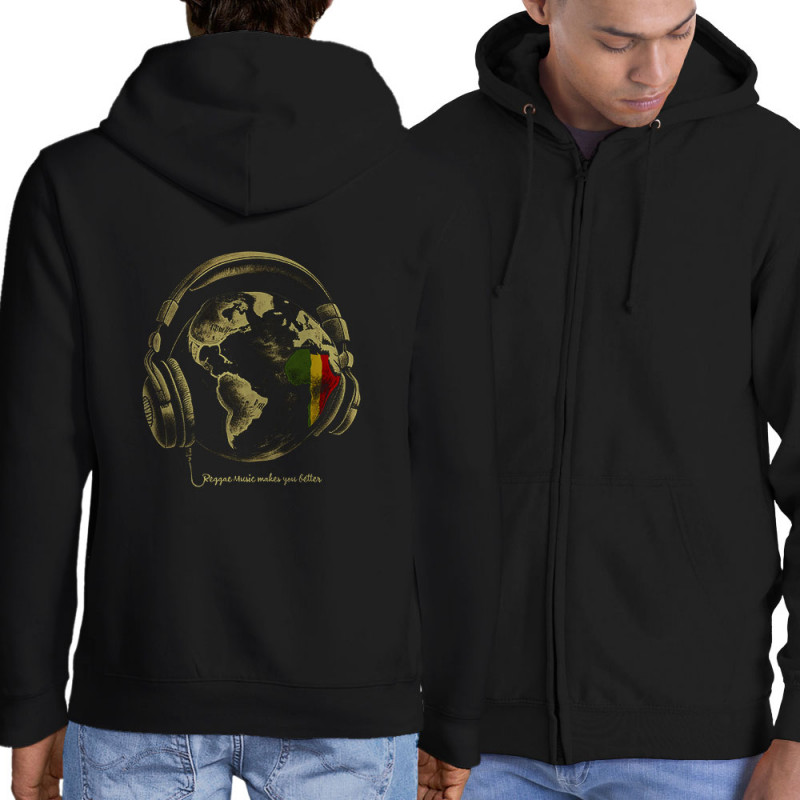 Sweat homme à capuche zippé noir Reggae Music makes you better (Gondrax,Reggae)