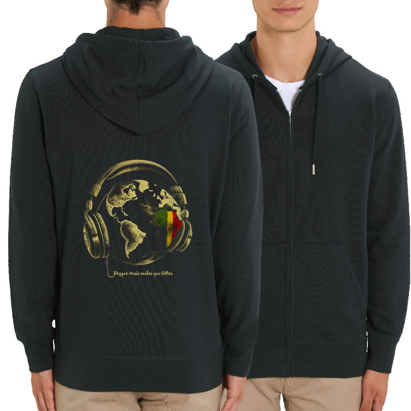 Sweat homme zippé à capuche coton bio noir Reggae Music makes you better (Gondrax,Reggae)