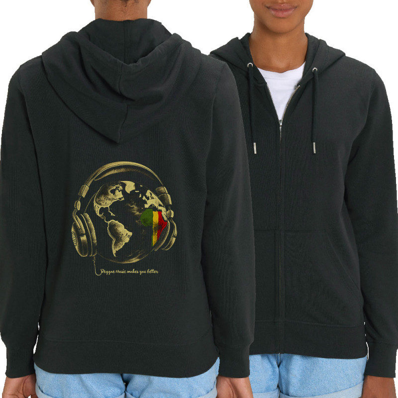 Sweat femme zippé à capuche coton bio noir Reggae Music makes you better (Gondrax,Reggae)