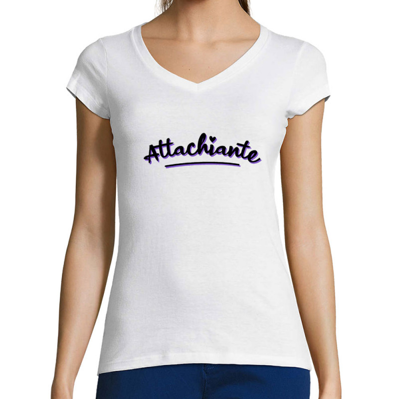T-shirt femme col V blanc Attachiante (Gondrax,Humour,Slogans Débiles)