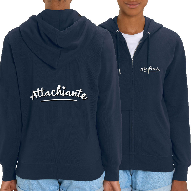 Sweat femme zippé à capuche coton bio bleu marine Attachiante (Gondrax,Humour,Slogans Débiles)