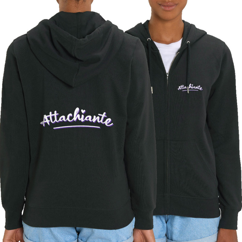 Sweat femme zippé à capuche coton bio noir Attachiante (Gondrax,Humour,Slogans Débiles)