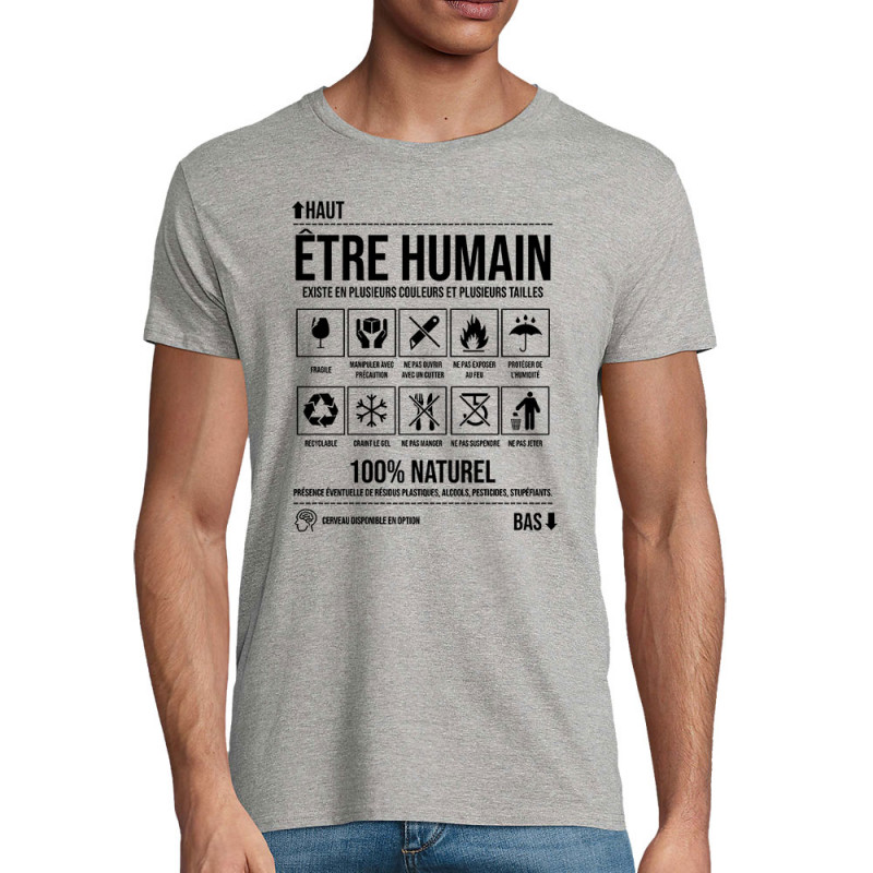 T-shirt homme coton bio gris chiné Etre humain (Gondrax,Humour,Slogans Débiles)