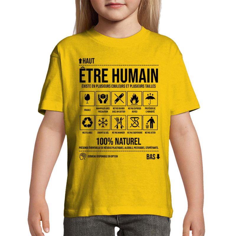 T-shirt enfant jaune Etre humain (Gondrax,Humour,Slogans Débiles)
