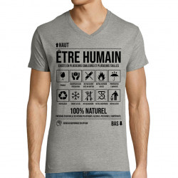 T-shirt homme col V gris chiné Etre humain (Gondrax,Humour,Slogans Débiles)