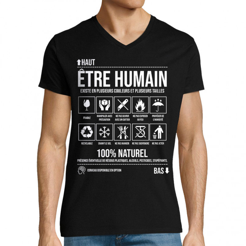 T-shirt homme col V noir Etre humain (Gondrax,Humour,Slogans Débiles)