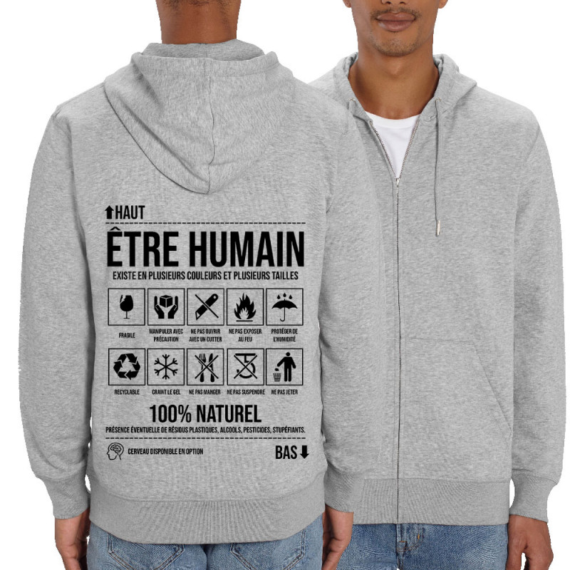 Sweat homme zippé à capuche coton bio gris chiné Etre humain (Gondrax,Humour,Slogans Débiles)
