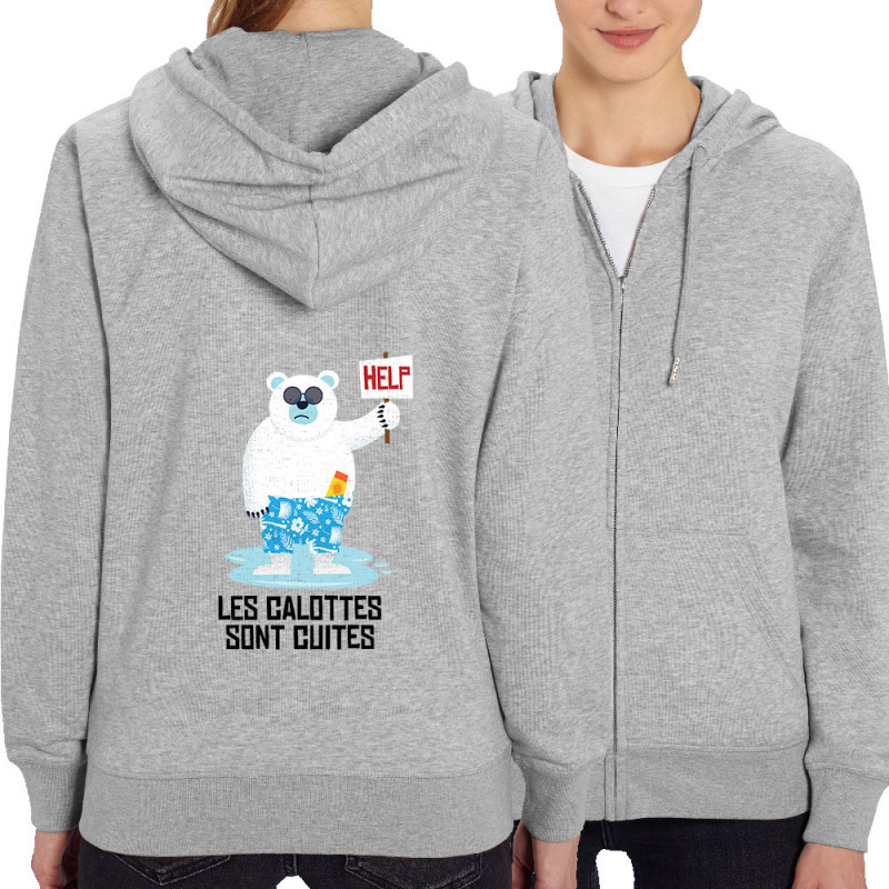 Sweat femme zippé à capuche coton bio gris chiné Les calottes sont cuites (Andy,Humour,Animaux,Ecologie)